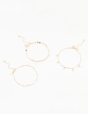 Gold Pearl Diamante Drop Anklets 3-Pack