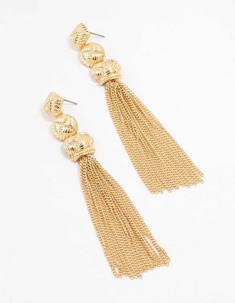 Gold Multiple Knit Tassel Drop Earrings