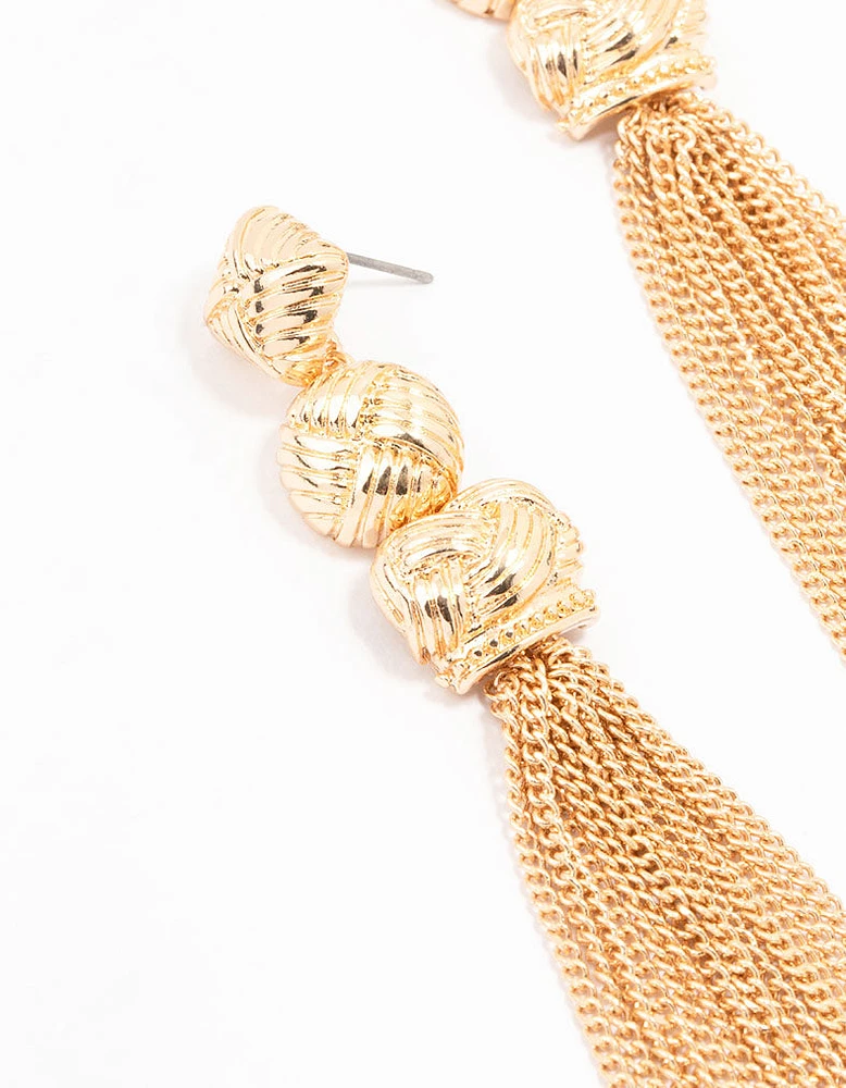 Gold Multiple Knit Tassel Drop Earrings