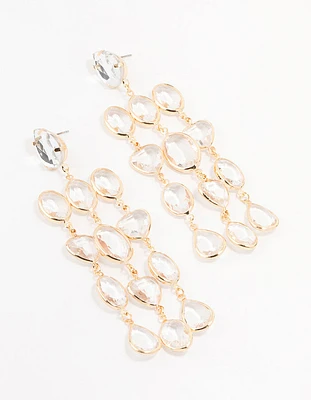 Gold Clear Crystal 3 Row Drop Earrings