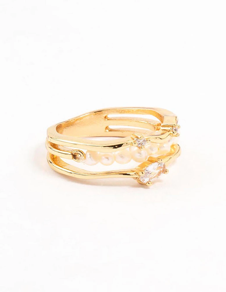 Gold Plated Nestled Pearl 3 Row Ring