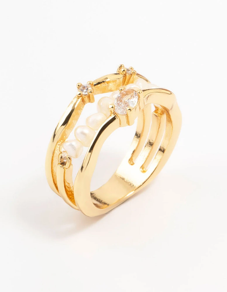 Gold Plated Nestled Pearl 3 Row Ring