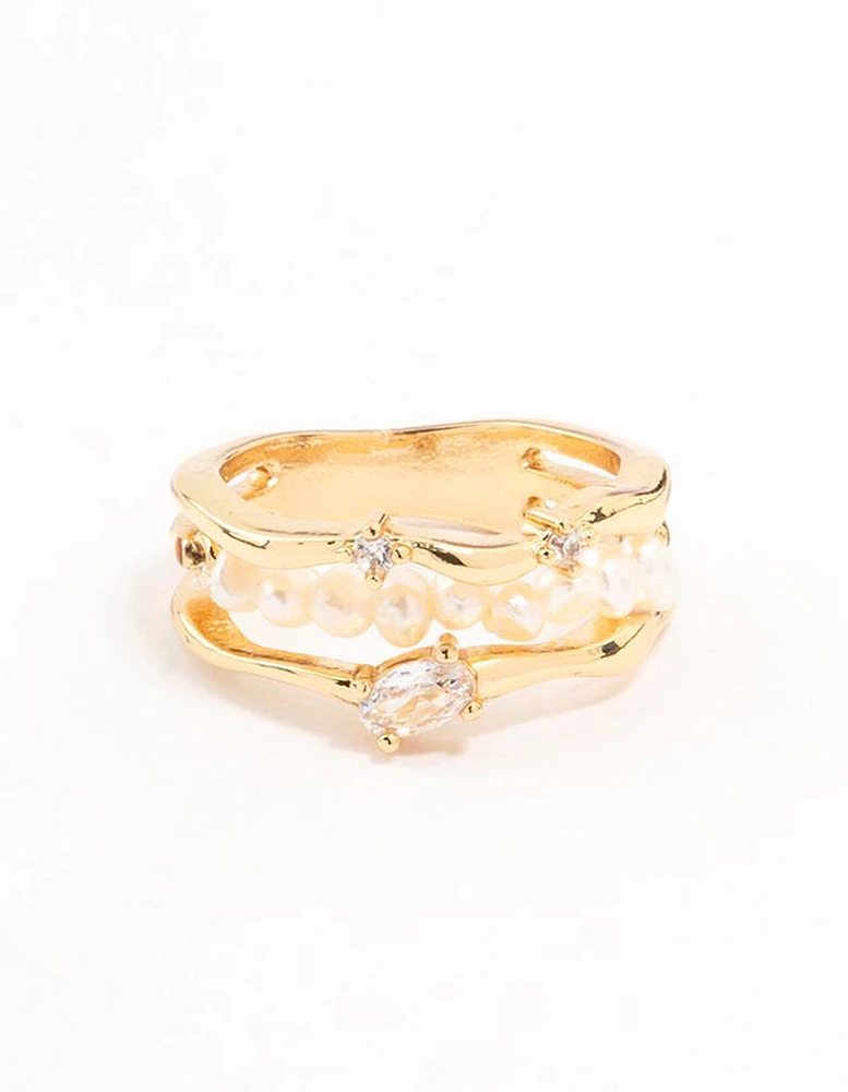 Gold Plated Nestled Pearl 3 Row Ring