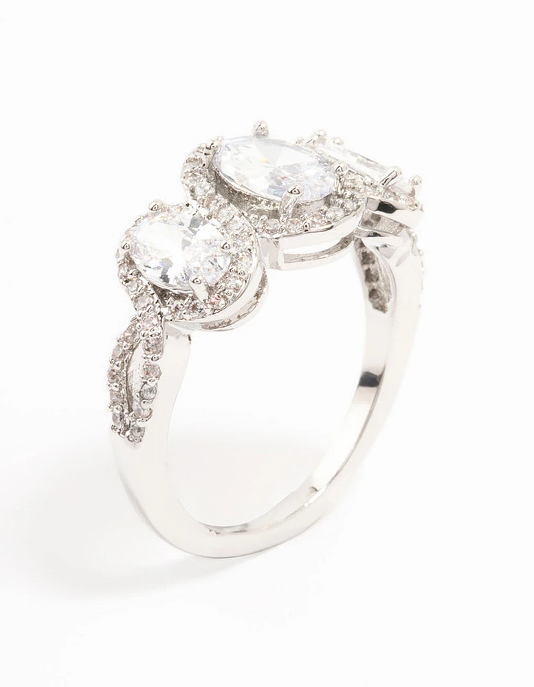 Rhodium Oval Trio Cubic Zirconia Ring