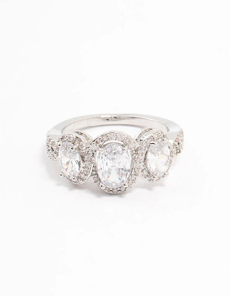 Rhodium Oval Trio Cubic Zirconia Ring