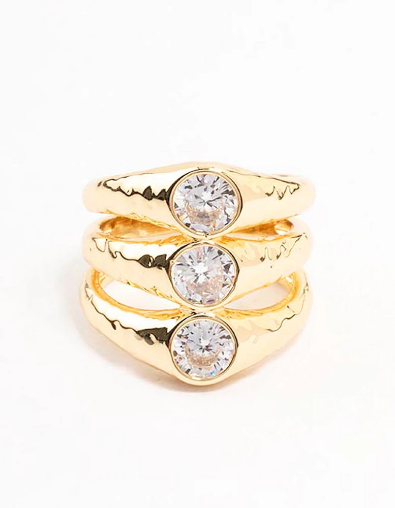 Gold Plated Textured 3 Row Cubic Zirconia Ring