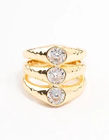 Gold Plated Textured 3 Row Cubic Zirconia Ring