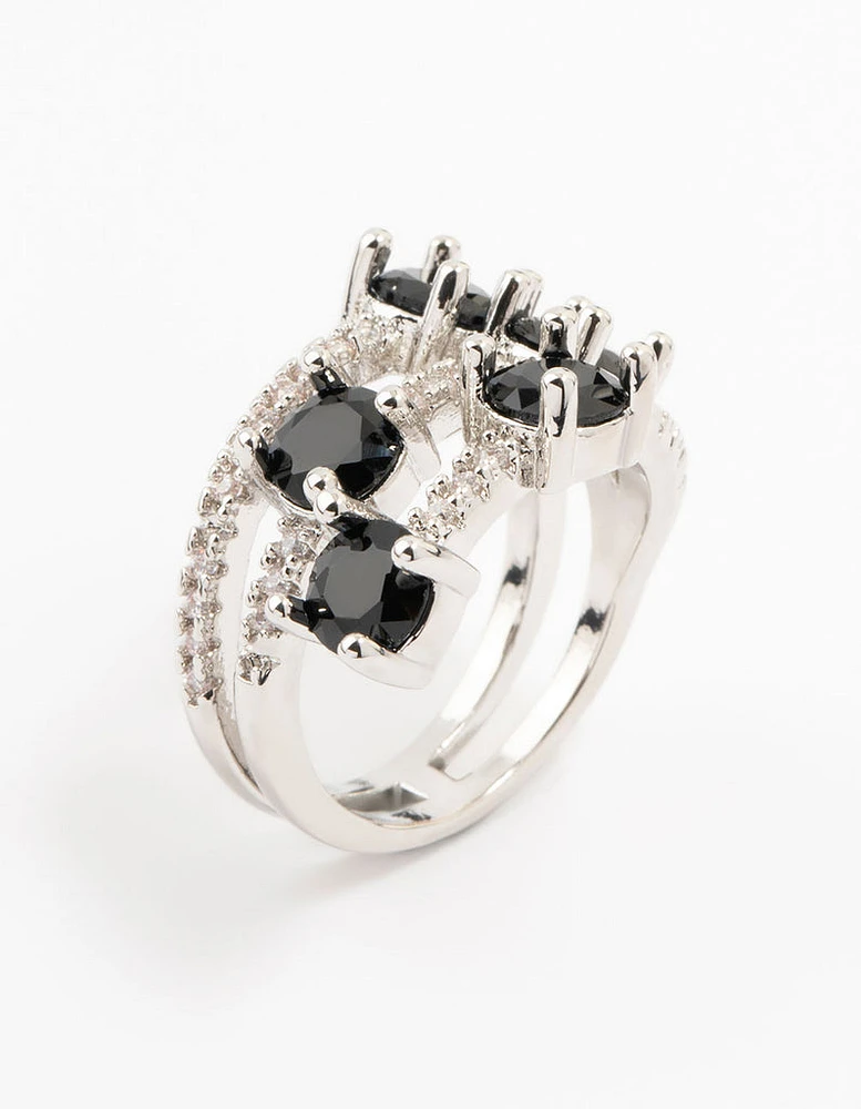 Rhodium Black 3 Row Round Cubic Zirconia Ring