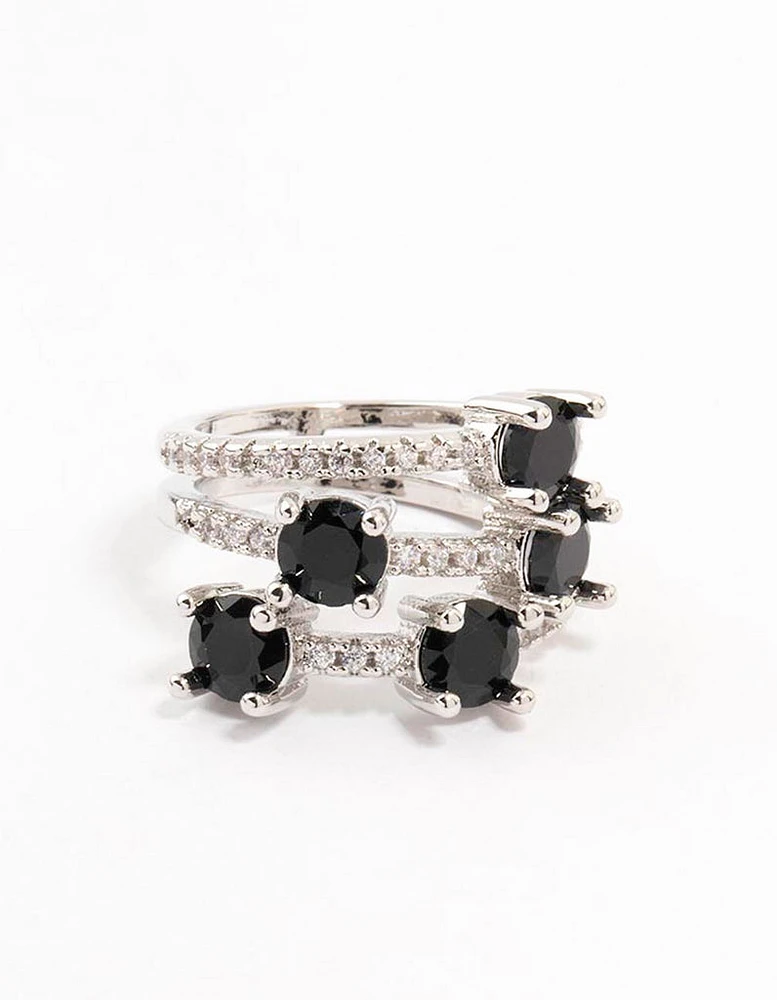 Rhodium Black 3 Row Round Cubic Zirconia Ring