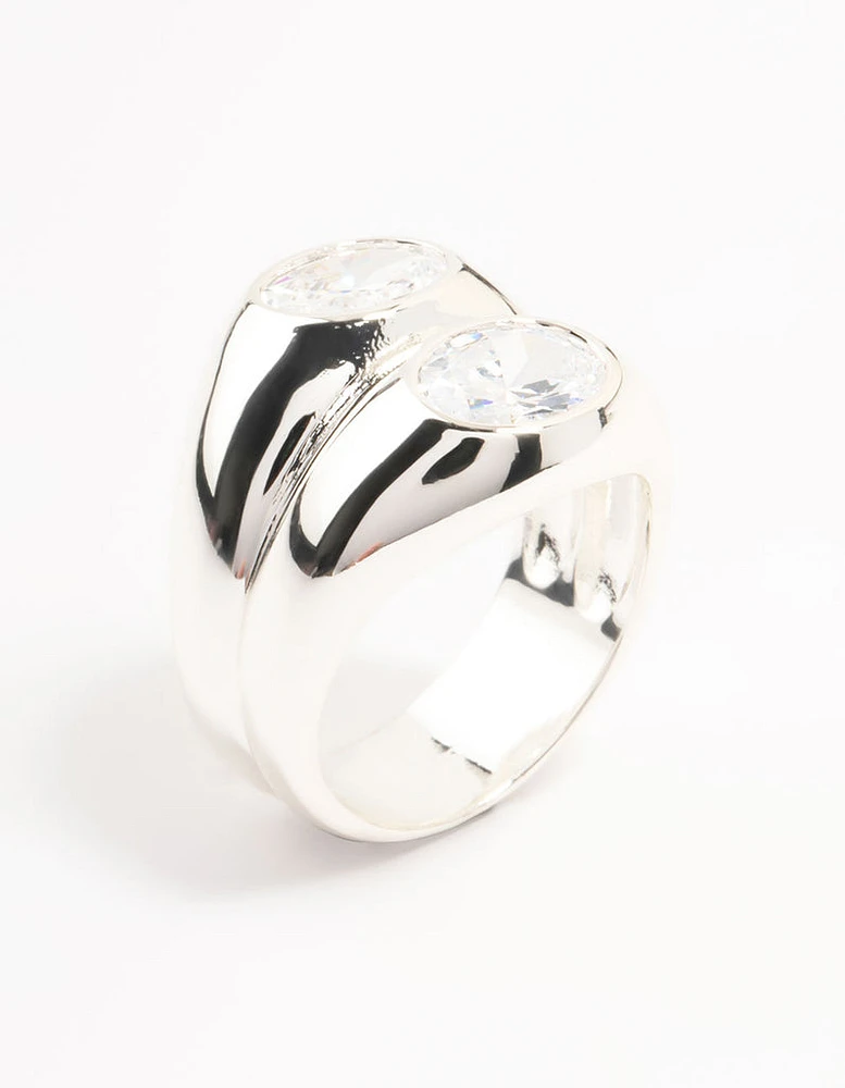 Silver Plated Oval Cubic Zirconia Puffy Stick Ring