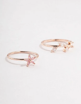 Rose Gold Flower Vine Cubic Zirconia Rings 2-Pack