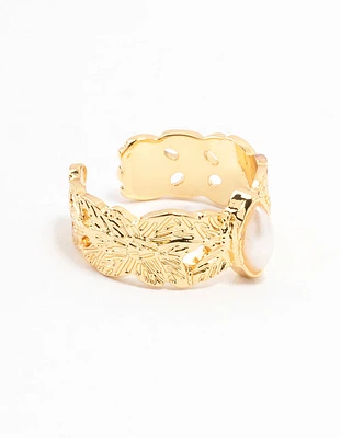 Gold Plated Wide Leaf Band Ring