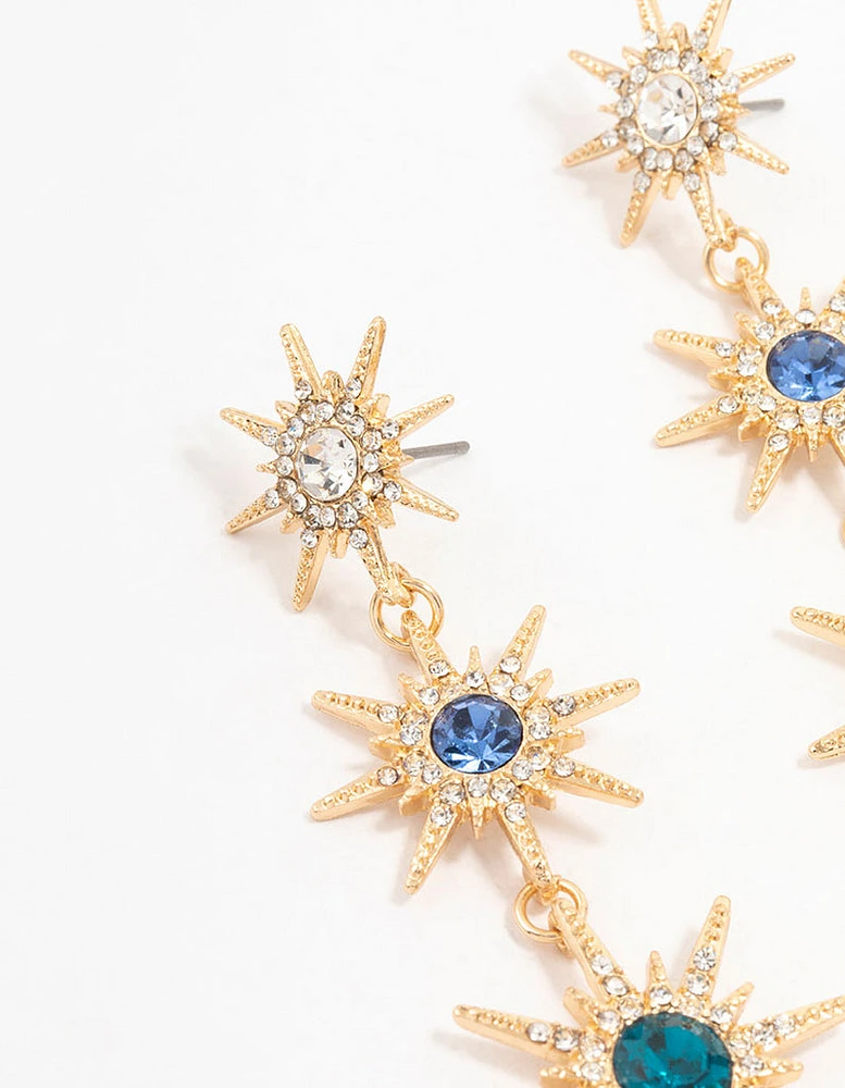 Gold Blue & Silver Cluster Stone Set Star Drop Earrings