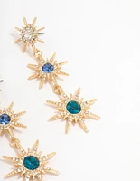 Gold Blue & Silver Cluster Stone Set Star Drop Earrings