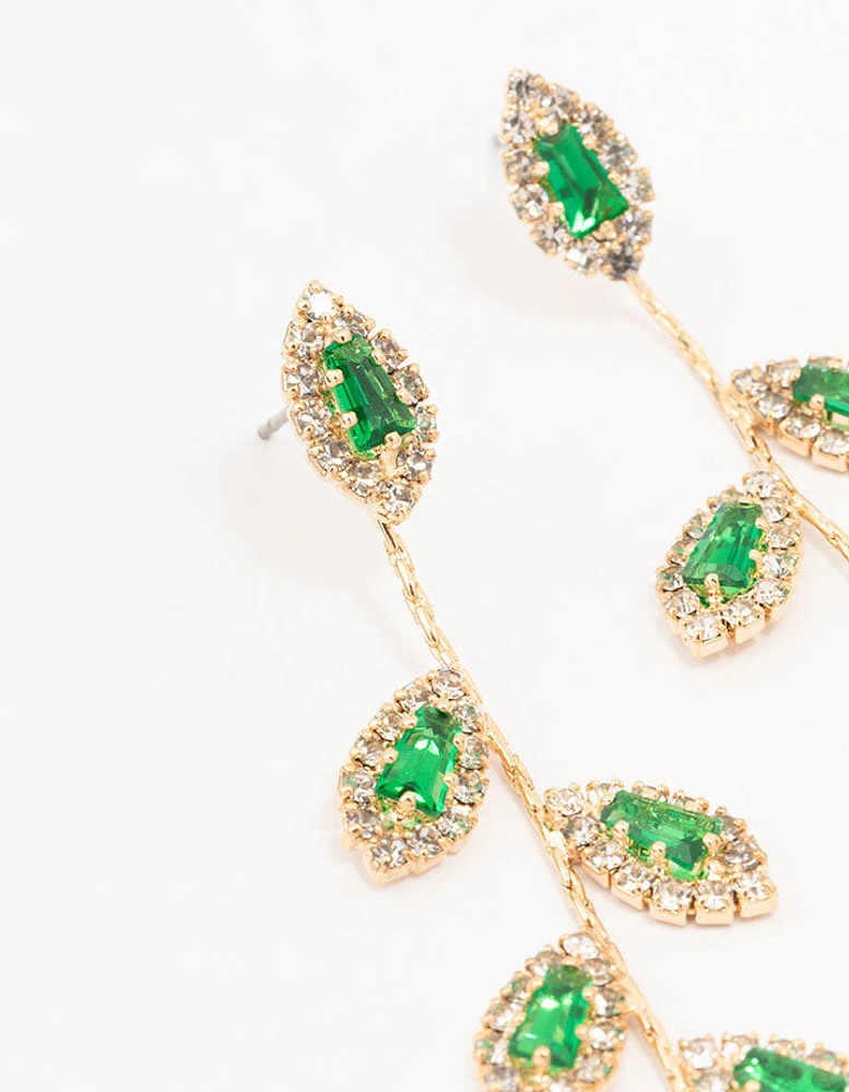 Gold Green Diamante Leaf Drop Earrings