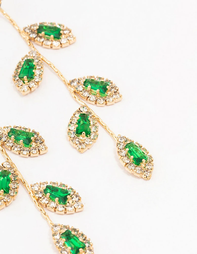 Gold Green Diamante Leaf Drop Earrings