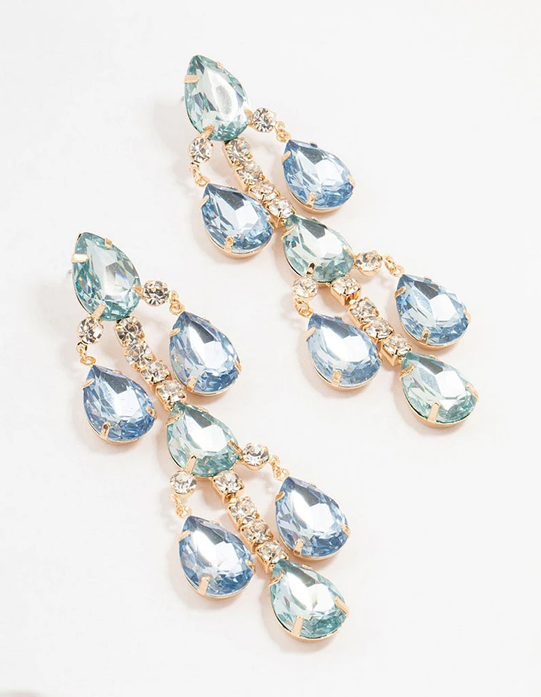 Gold Light Blue Teardrop Stone Set Drop Earrings