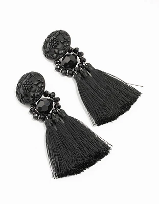 Black Tassel Fabric Large Drop Earrings