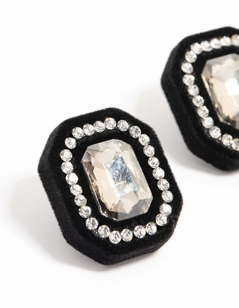 Black Velvet Fabric Diamante Stud Earrings