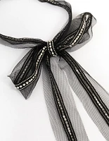 Black Fabric Diamante Bow Necklace