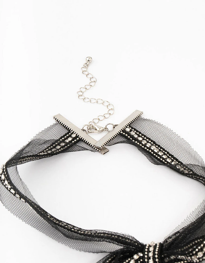 Black Fabric Diamante Bow Necklace