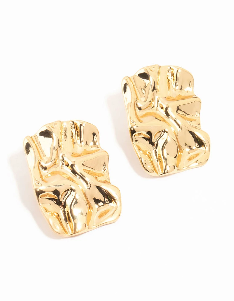 Gold Plated Molten Rectangle Stud Earrings