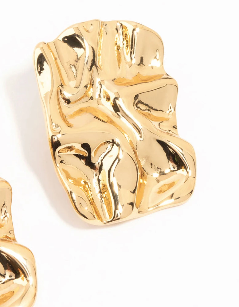 Gold Plated Molten Rectangle Stud Earrings