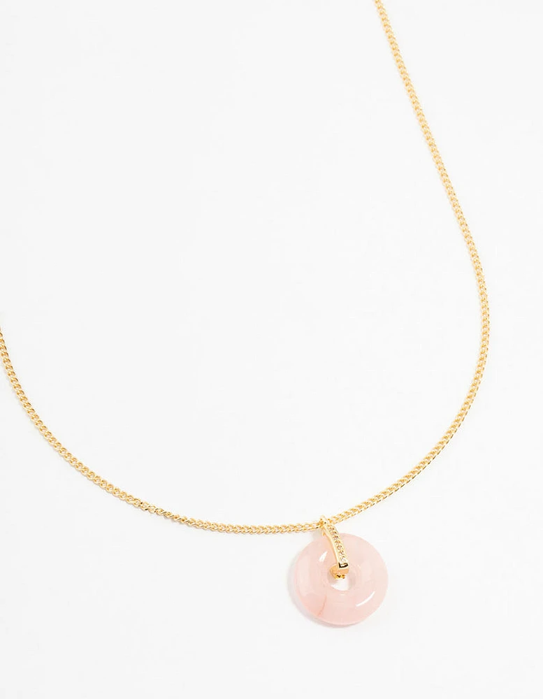 Gold Plated Cubic Zirconia Semi Precious Rose Quartz Donut Necklace