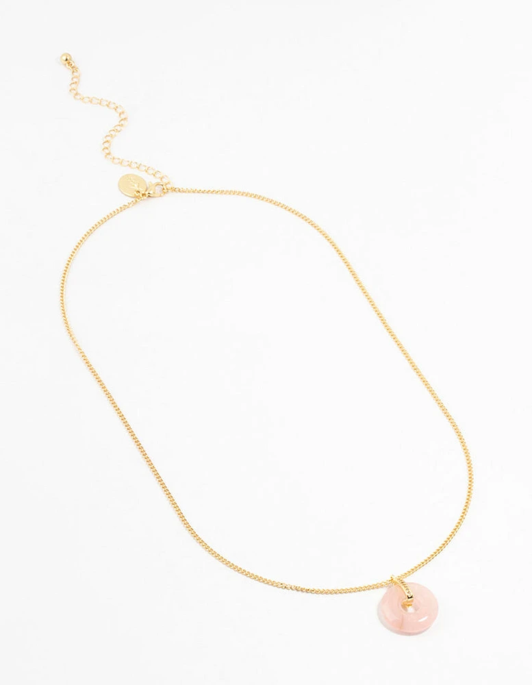 Gold Plated Cubic Zirconia Semi Precious Rose Quartz Donut Necklace