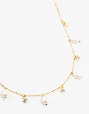 Gold Plated Alternating Pearl & Cubic Zirconia Station Necklace