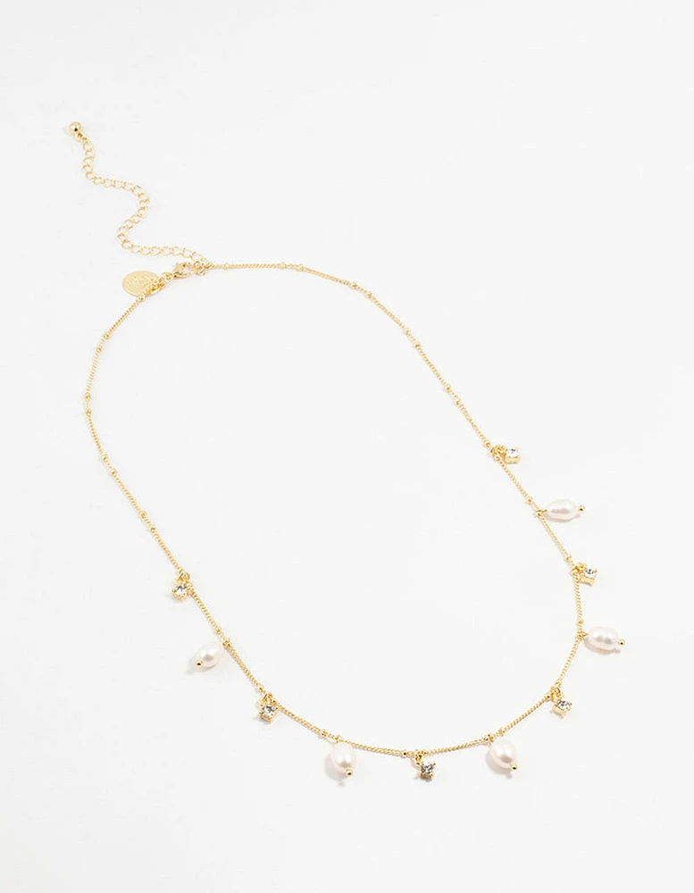 Gold Plated Alternating Pearl & Cubic Zirconia Station Necklace