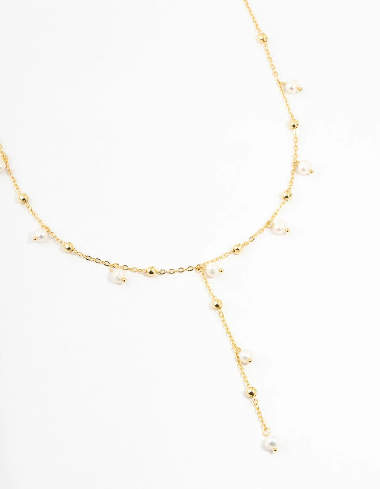 Gold Plated Alternating Pearl & Ball Y Necklace