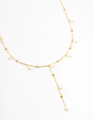 Gold Plated Alternating Pearl & Ball Y Necklace