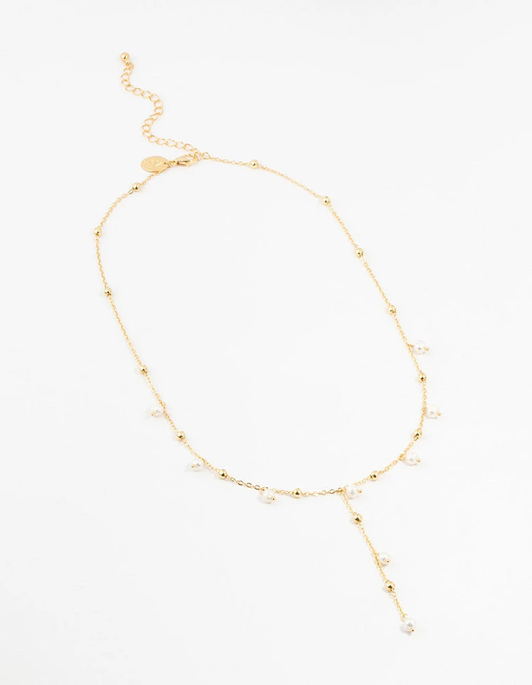 Gold Plated Alternating Pearl & Ball Y Necklace