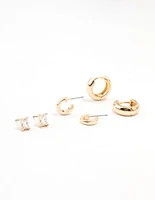 Gold Classic Cubic Zirconia Stud & Hoop Earrings 3-Pack