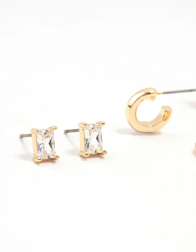 Gold Classic Cubic Zirconia Stud & Hoop Earrings 3-Pack