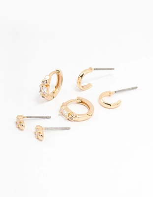 Gold Round & Square Stone Earrings 3-Pack