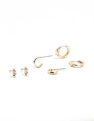 Gold Round & Square Stone Earrings 3-Pack