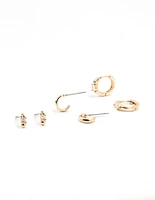 Gold Round & Square Stone Earrings 3-Pack