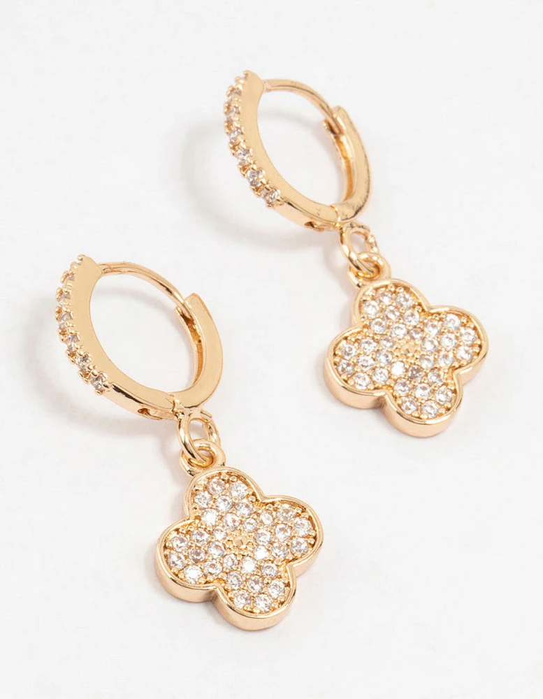 Gold Cubic Zirconia Clover Huggie Earrings