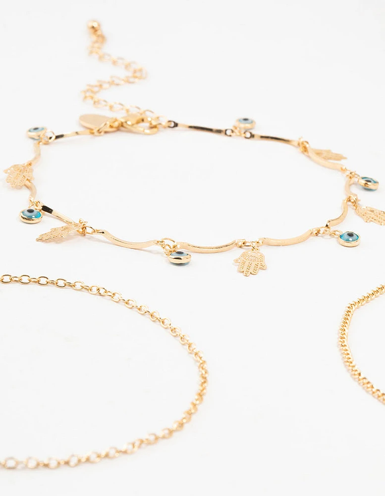 Gold Evil Eye & Hamsa Hand Anklets 3-Pack