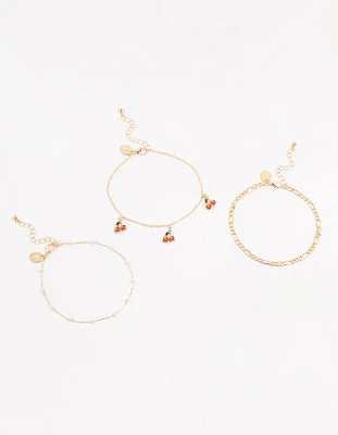 Gold Pearl & Cherry Anklets 3-Pack