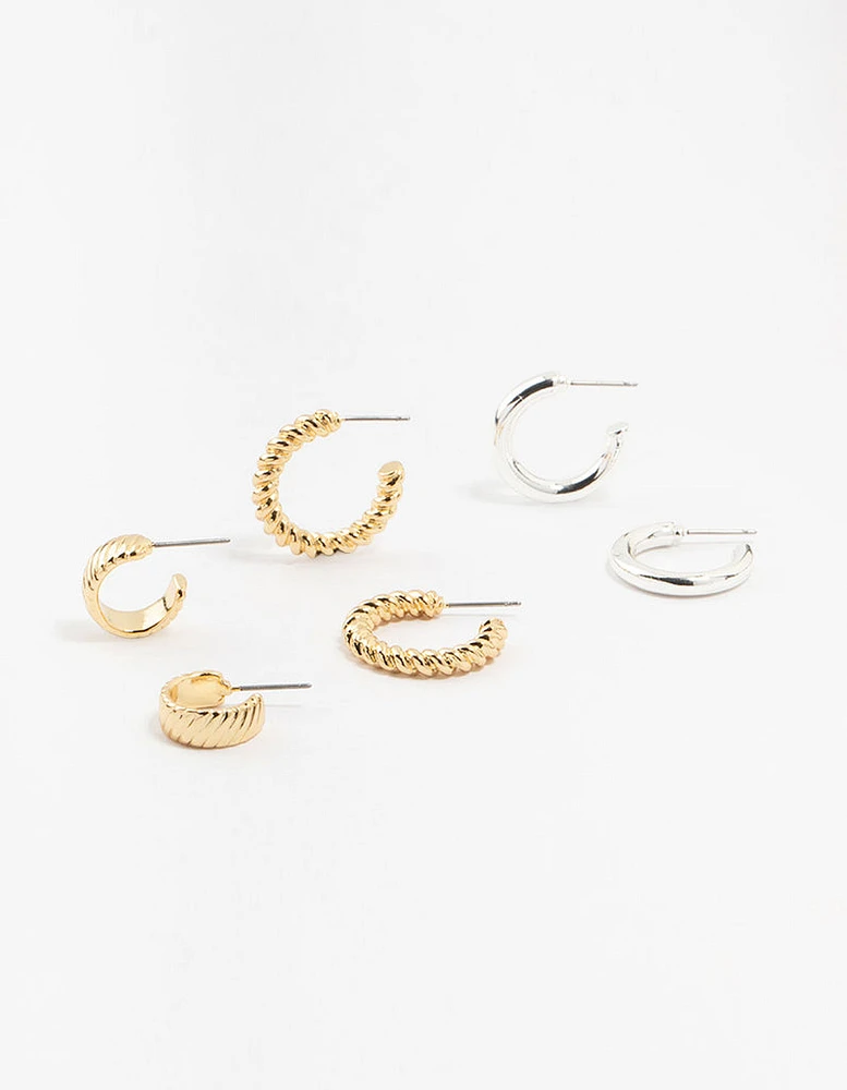 Mixed Metals Twisted & Plain Hoop Earrings 3-Pack