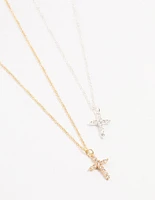 Mixed Metals Cross Cubic Zirconia Pendant Necklace 2-Pack