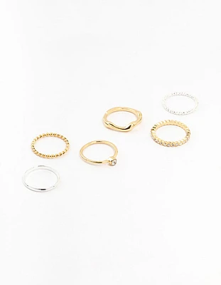 Mixed Metals Molten & Diamante Rings 6-Pack