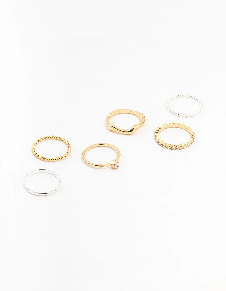 Mixed Metals Molten & Diamante Rings 6-Pack