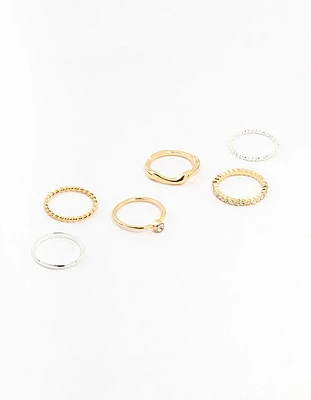 Mixed Metals Molten & Diamante Rings 6-Pack