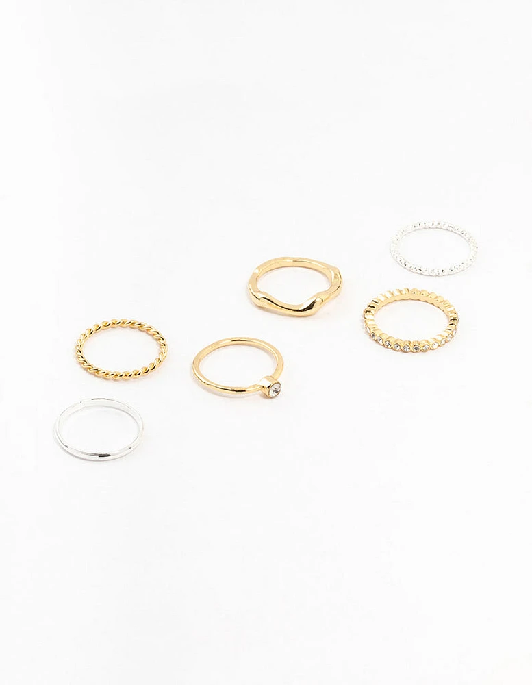 Mixed Metals Molten & Diamante Rings 6-Pack