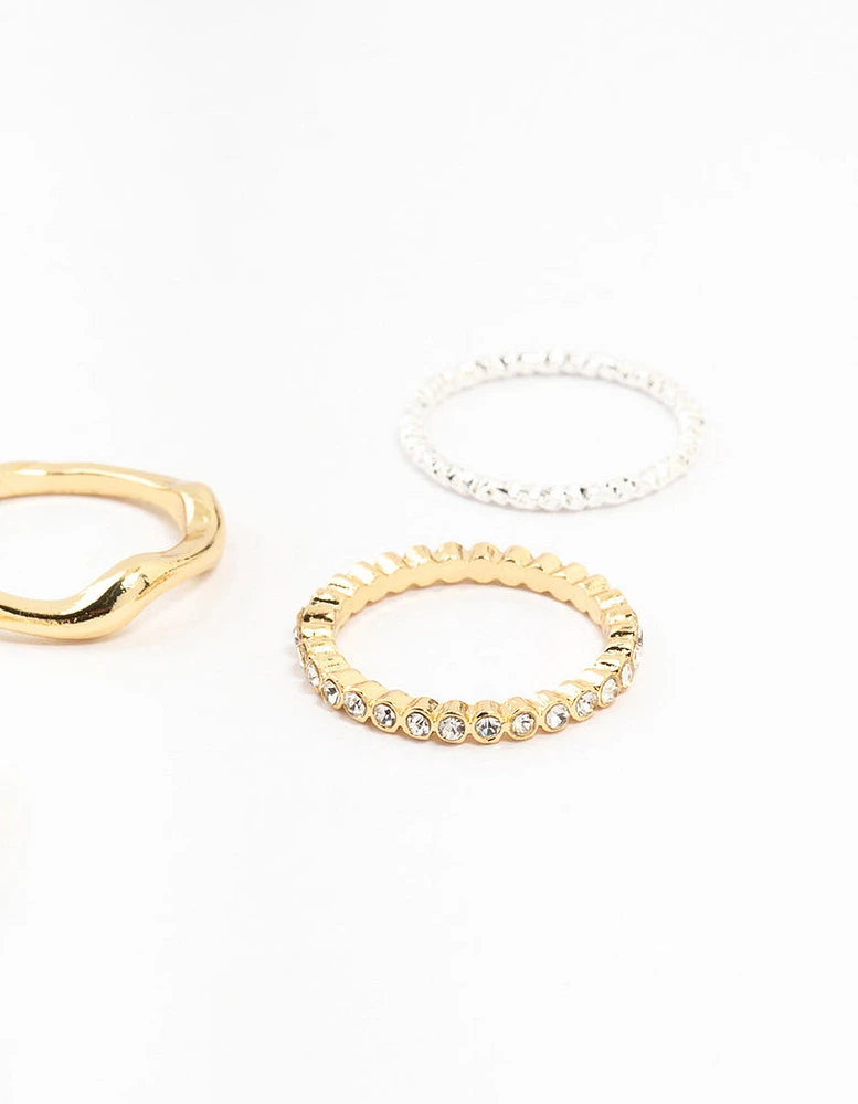 Mixed Metals Molten & Diamante Rings 6-Pack