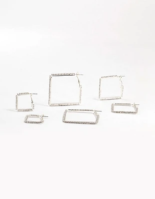 Silver Diamante Square Hoop Earrings 3-Pack